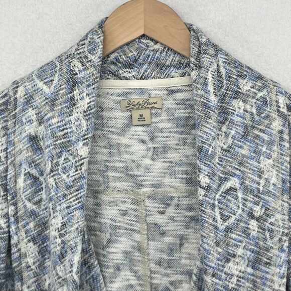 LUCKY BRAND Cardigan Womens M Ikat Southwestern Open Front Shawl Slub Blue - Picture 4 of 13